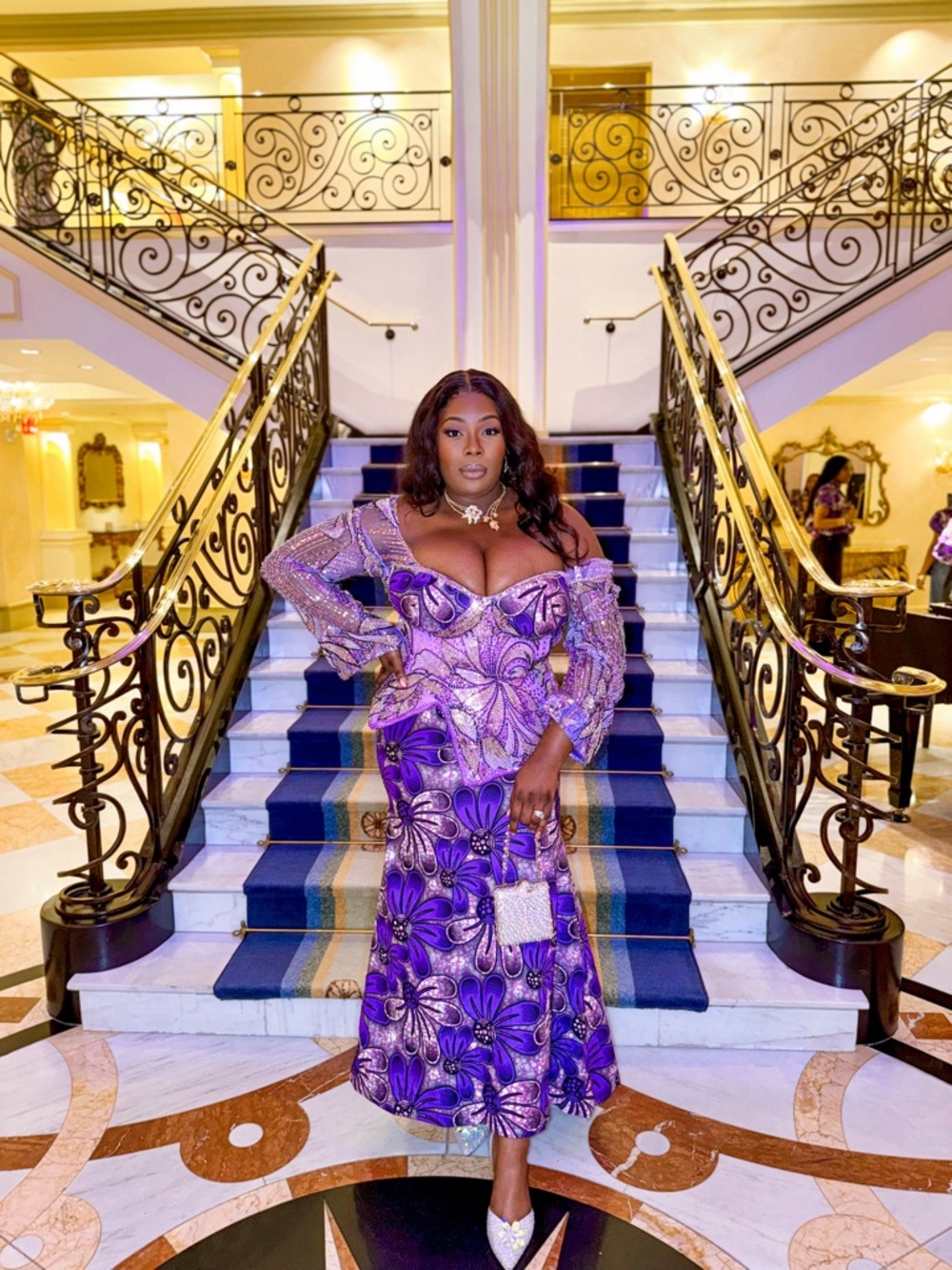 Purple Floral Lace Blouse and Ankara Skirt